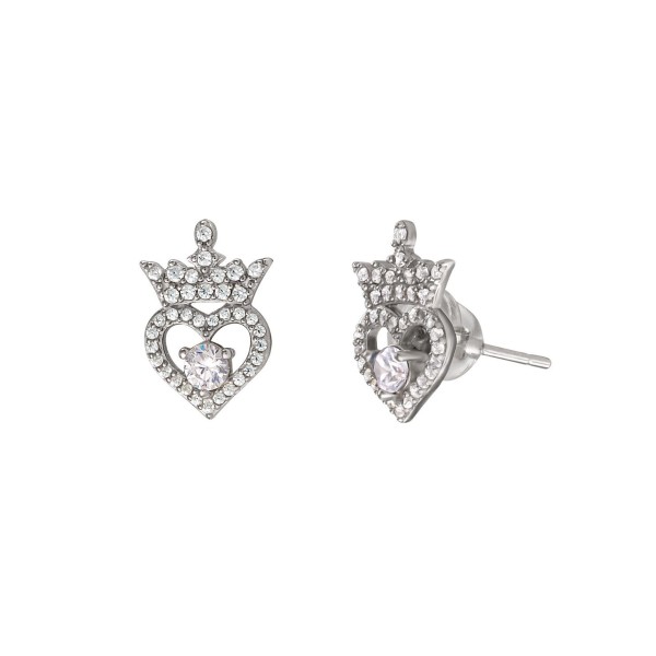 Cubic Zirconia Princess Tiara Heart Stud Earrings in Sterling Silver