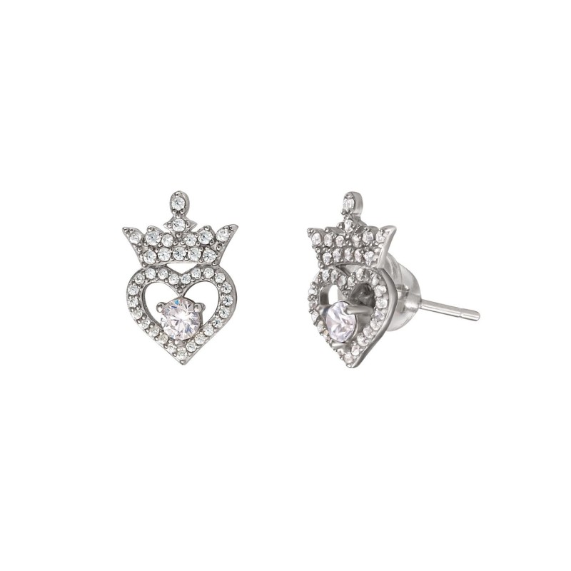 Cubic Zirconia Princess Tiara Heart Stud Earrings in Sterling Silver
