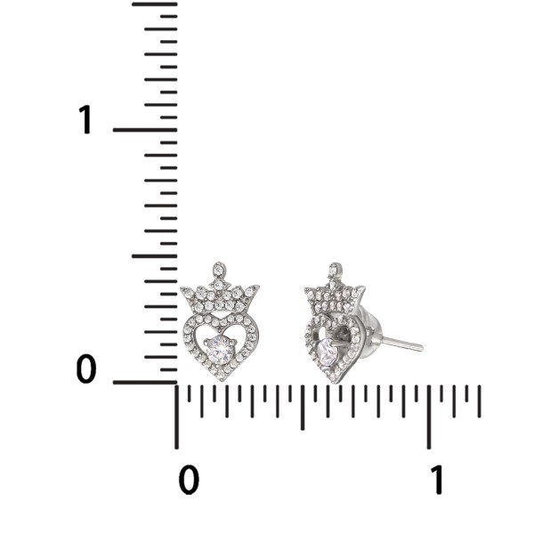 Cubic Zirconia Princess Tiara Heart Stud Earrings in Sterling Silver