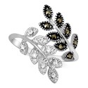 Marcasite & Crystal Leaf Bypass Ring in Silver-Plate