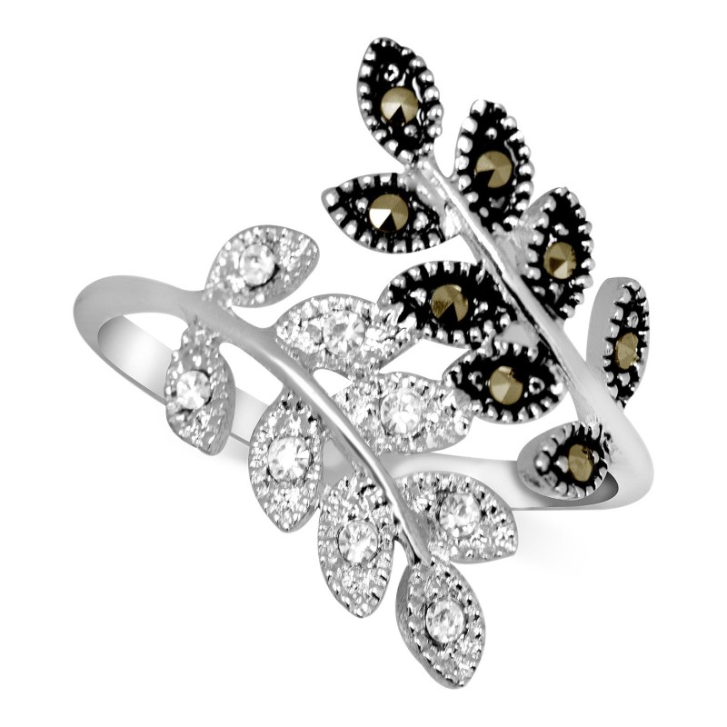 Marcasite & Crystal Leaf Bypass Ring in Silver-Plate