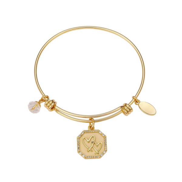 Stainless Steel Bangle with 14K Gold Flash-Plated Brass Cubic Zirconia Double Heart Charm