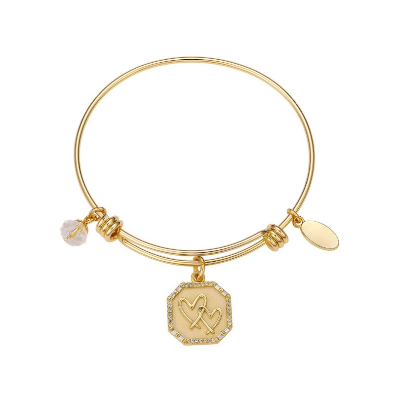Stainless Steel Bangle with 14K Gold Flash-Plated Brass Cubic Zirconia Double Heart Charm