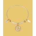Stainless Steel Bangle with 14K Gold Flash-Plated Brass Cubic Zirconia Double Heart Charm
