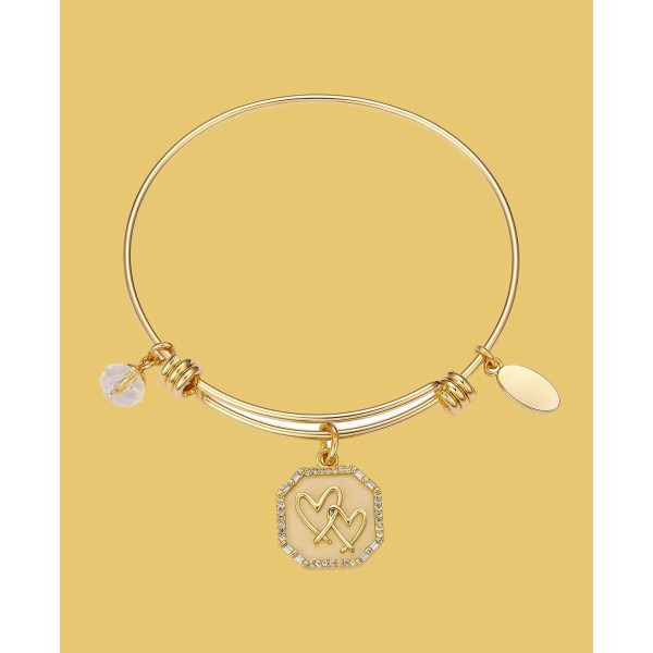 Stainless Steel Bangle with 14K Gold Flash-Plated Brass Cubic Zirconia Double Heart Charm