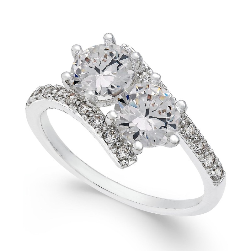 Fine Silver Plate Cubic Zirconia 2-Stone Ring