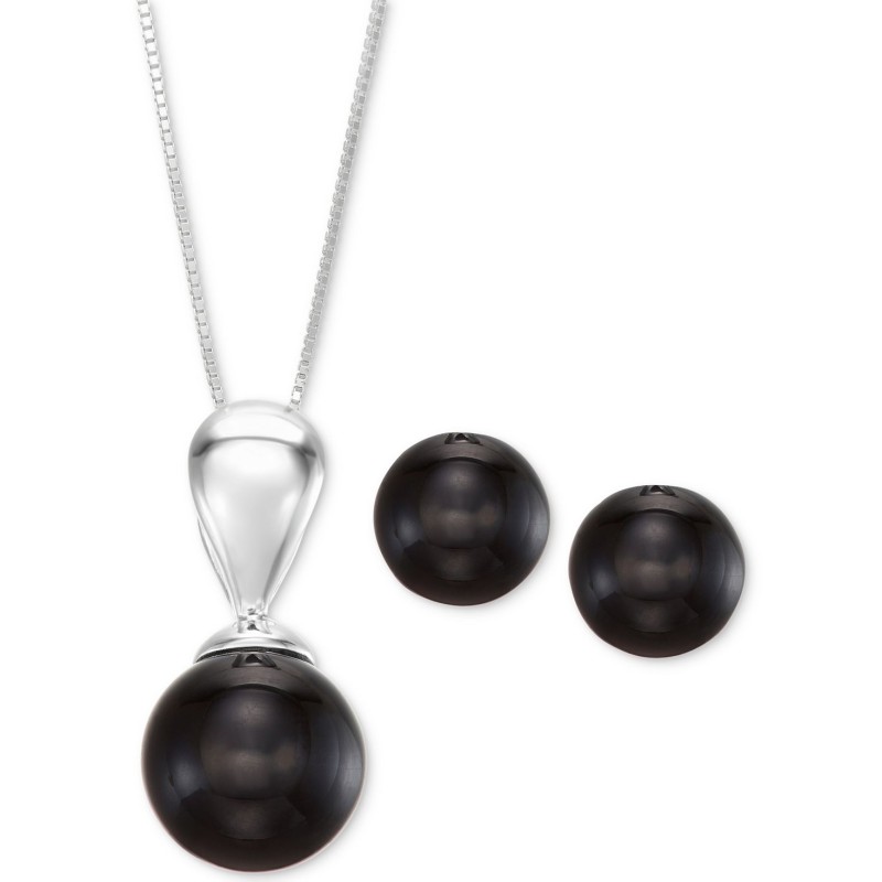2-Pc. Set Onyx (10 & 12mm) Pendant Necklace and Matching Stud Earrings in Sterling Silver