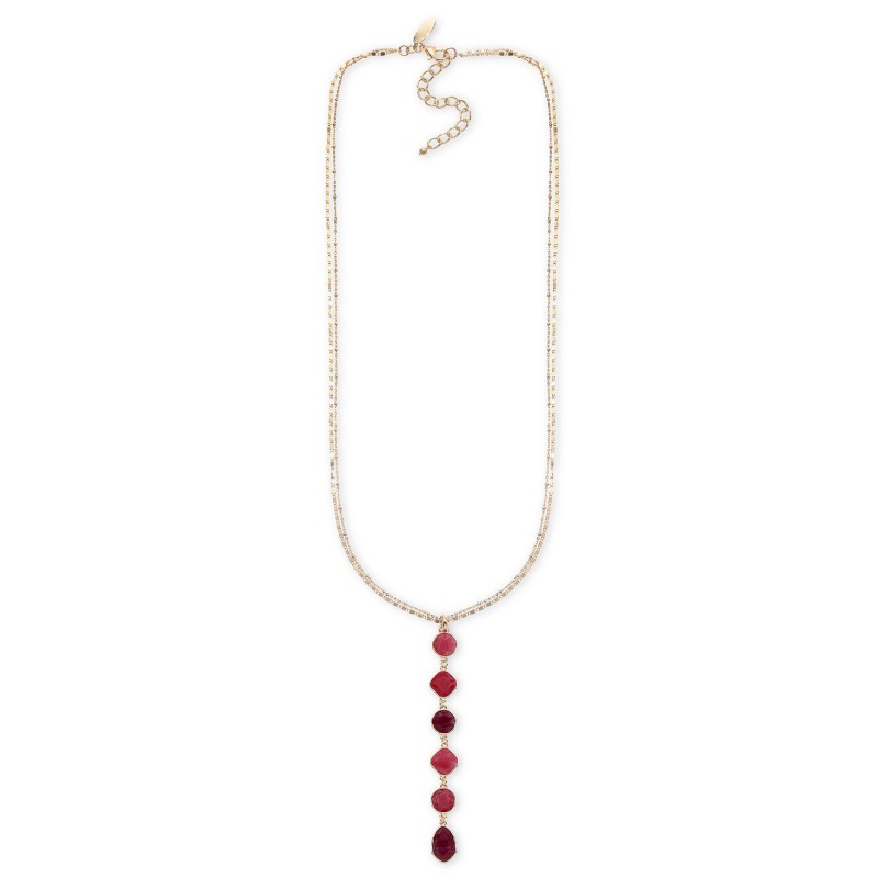 Faceted Color Stone Double Chain Long Lariat Necklace, 27